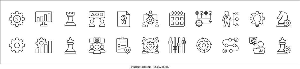 Estrategia de negocio, gestión, configuración, investigación y conjunto de iconos de Plan. Contiene iconos o símbolo de hombre de negocios, equipo, discusión, reunión, escenario, caballero de ajedrez, obispo, torre. Diseño gráfico de línea delgada plana