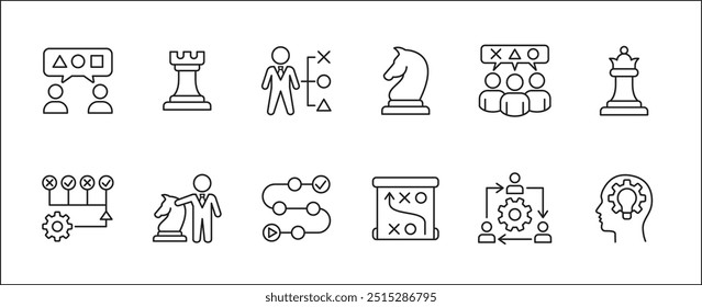 Estrategia de negocio, gestión, configuración, investigación y conjunto de iconos de Plan. Contiene iconos o símbolo de hombre de negocios, equipo, discusión, reunión, escenario, caballero de ajedrez, obispo, torre. Diseño gráfico de línea delgada plana