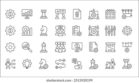 Estrategia de negocio, gestión, configuración, investigación y conjunto de iconos de Plan. Contiene iconos o símbolo de hombre de negocios, equipo, discusión, reunión, escenario, caballero de ajedrez, obispo, torre. Diseño gráfico de línea delgada plana