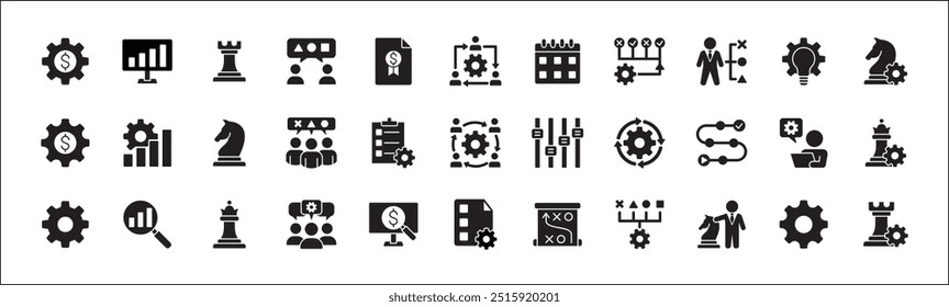 Estrategia de negocio, gestión, configuración, investigación y conjunto de iconos de Plan. Contiene iconos o símbolo de hombre de negocios, equipo, discusión, reunión, escenario, caballero de ajedrez, obispo, torre. Diseño gráfico de línea delgada plana