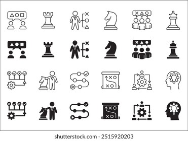 Estrategia de negocio, gestión, configuración, investigación y conjunto de iconos de Plan. Contiene iconos o símbolo de hombre de negocios, equipo, discusión, reunión, escenario, caballero de ajedrez, obispo, torre. Diseño gráfico de línea delgada plana