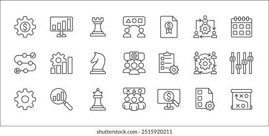 Estrategia de negocio, gestión, configuración, investigación y conjunto de iconos de Plan. Contiene iconos o símbolo de hombre de negocios, equipo, discusión, reunión, escenario, caballero de ajedrez, obispo, torre. Diseño gráfico de línea delgada plana