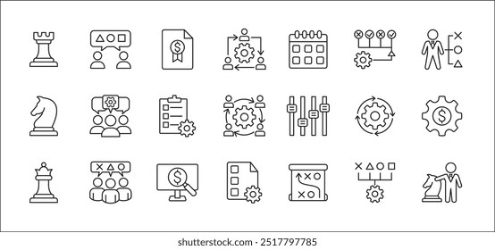 Estrategia de negocio, gestión, configuración, investigación y conjunto de iconos de Plan. Contiene iconos o símbolo de hombre de negocios, equipo, discusión, reunión, escenario, caballero de ajedrez, obispo, torre. Diseño gráfico de línea delgada plana