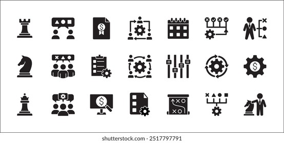 Estrategia de negocio, gestión, configuración, investigación y conjunto de iconos de Plan. Contiene iconos o símbolo de hombre de negocios, equipo, discusión, reunión, escenario, caballero de ajedrez, obispo, torre. Diseño gráfico de línea delgada plana