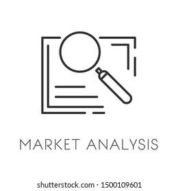 Business strategy, market analysis data and investment, isolated linear icon vector. Financial review, digital marketing seo and profit concept. Magnifying glass symbol, development and growth