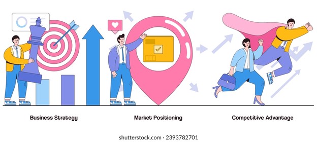Business strategy, market positioning, competitive advantage concept with character. Strategic planning abstract vector illustration set. Competitive edge, market strategy, business leadership.