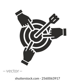 business strategy marketing, mission target solution icon, accurate focus on object goal, objective dartboard, aim hands, flat symbol on white background