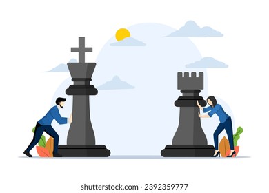 Business strategy and marketing plan concept. Strategic steps in business concept. competitive businessman character pushing big rook chess pieces to defeat the king. Flat vector illustration.