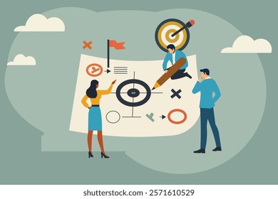 Business Strategy Meeting. Minimalist illustration of a diverse team collaborating on data charts. Perfect for presentations, reports, and marketing materials.