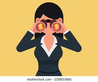 Business and strategy metaphor. Businesswoman searching through binoculars. 