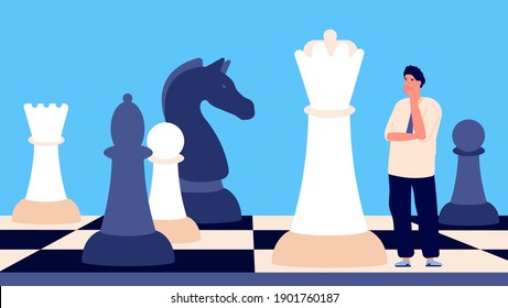 Business strategy metaphor. Thinking concept, people find decision. Frustrated man, strategic checkmate or next step plan utter vector concept