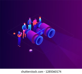 Business strategy - modern colorful isometric vector illustration on purple background. A composition with a team, male, female colleagues looking through big binoculars, trying to find best solution