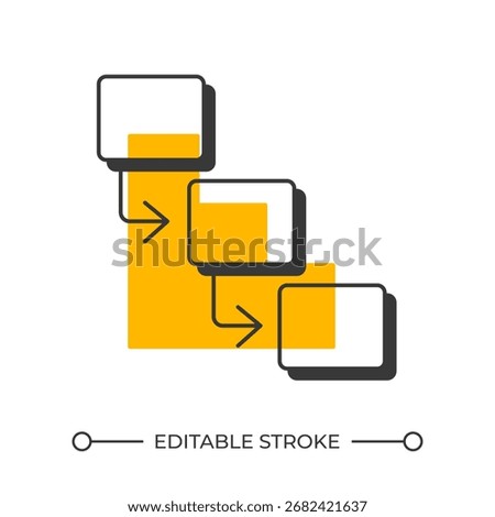 Business strategy offset shadow line icon. Process flow diagram. Workflow management, planning. Bold outline symbol with solid orange fill. Modern flat illustration. Editable stroke