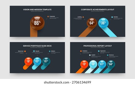 Business Strategy One Two Three Four Step Graph Slide Design Vector Illustration Collection. Clean Overview 1 2 3 4 Option Chart Slideshow Layout Set.