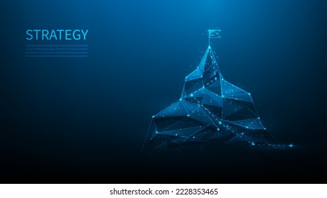 business strategy path to success on blue background. mountain with flag on top low poly. leadership vision and goal. target business mission. achievement setting. vector illustration technology.