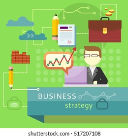Business strategy. Performance analysis banner. Person working at laptop, making financial planning or generating report. Presentation. Business man search for solutions infographics. Vector