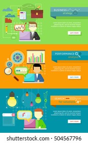 Business strategy, performance analysis, search for solutions banners set. Person working at laptop, businessman presenting development and financial planning. Creating plan, generating report. Vector