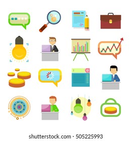 Business strategy, performance analysis, search for solutions icons set. Messaging sign, magnifier, document, bag, lamp, person, chart, money, cloud, gear, laptop. Presentation signs. Vector