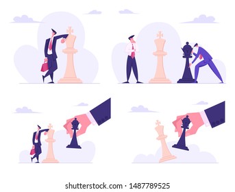 Business Strategy Plan, Businessman Characters Playing Chess. Strategic and Tactic Game for Leadership Growth. Planning and Management Thinking, Competition Concept. Cartoon Flat Vector Illustration