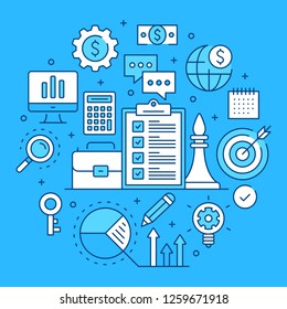 Business strategy, business plan concepts line art. Modern graphics elements, outline symbols, thin line icons set for websites, web banners, mobile apps, infographics. Vector illustration