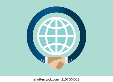 Business strategy plan and goal achievement, couple of the world diversity, handshake connection, global business, Vector illustration design concept in flat style