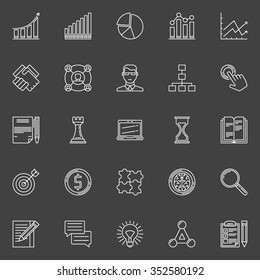 Business strategy plan icons set - vector set of business plan or strategy thin line signs on dark background