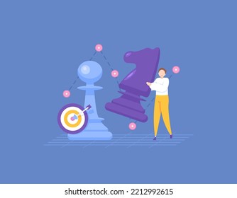 business strategy and plan. tactics to reach the target. plan to get the win. a businessman moves horse chess pieces to win the competition. illustration concept design. graphic elements