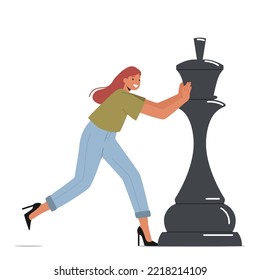 Business Strategy Plan, Business Woman Character Team Play Chess. Strategic Game for Leadership Growth. Business Strategy Plan, Planning and Management Thinking Concept. Cartoon Vector Illustration