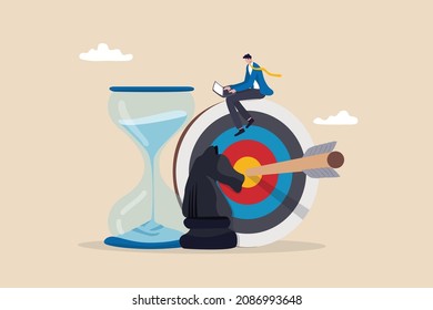 Business strategy, planning to achieve goal, management for company growth opportunity, market success goal, smart businessman working with computer sit on target with chess knight and sandglass.