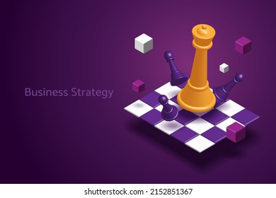 Estrategia de negocio planea símbolos de ajedrez en un tablero de ajedrez sobre un fondo morado. Ilustración vectorial isométrica 3D.