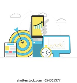 Business Strategy and Planning concept with flat illustration of target board, smartphone, clock and desktop computer.