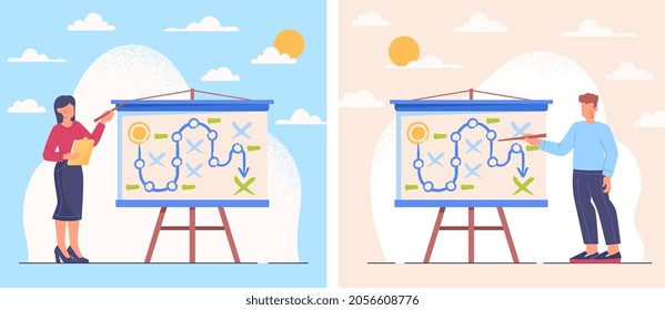 Business strategy planning concept. Male and female entrepreneurs draw path to goal and success. Tactics for financial achievements. Cartoon flat vector collection isolated on white background