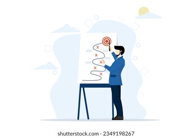 business strategy planning concept, marketing tactics to achieve target, project blockers and solutions to win and success, smart businessman presenting business winning strategy on blackboard.