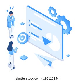 Business strategy and planning concept. People in front of the task board set goals for the next project. Vector Illustration in isometric style isolated on white background. 