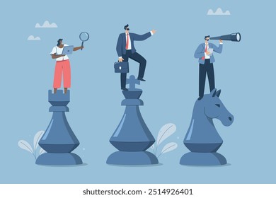 Business strategy planning, Cooperation strategy for corporate success, Business team standing on chess pieces, analysis, management, future planning, Vector design illustration.