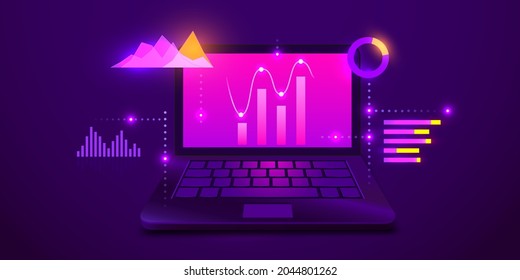 Business strategy and planning. Data analysis and investment. Business success. Computer with infographic elements. Design for presentation, landing page. Vector illustration