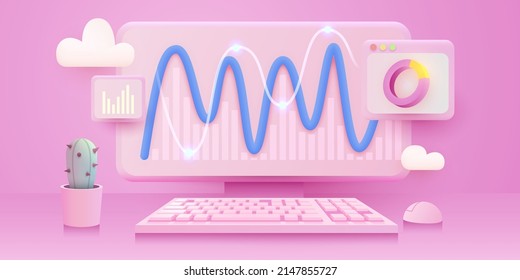 Business strategy and planning. Data analysis and investment. Business success. Computer with infographic elements. Design for presentation. Vector illustration