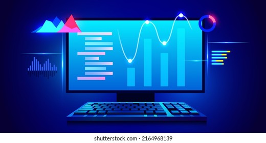 Business strategy and planning. Data analysis and investment. Business success. Computer with infographic elements. Design for presentation. Vector illustration