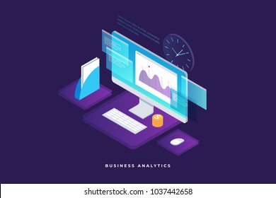 Business Strategy And Planning. Data And Investments. Business Success. Computer Monitor With Infographic Elements. Design For Presentation, Landing Page. 3d Isometric Flat Design. Vector Illustration