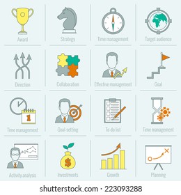 Business strategy planning icon flat line with award time management target audience isolated vector illustration