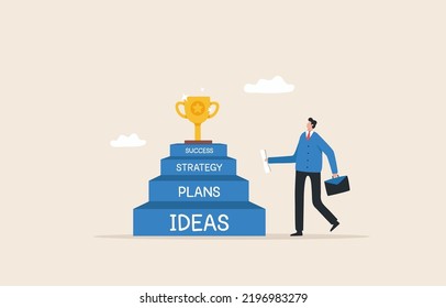 Business Strategy Planning. Ladder To Success. Steps To Achieve Big Goal. Businessmen And Rewards Await Above The Steps.