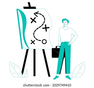 Business strategy planning, marketing tactic to achieve target, project blocker and solution to win and success concept, smart businessman presenting business winning strategy on whiteboard.