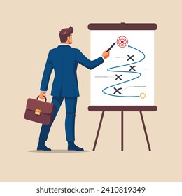 Business strategy planning, marketing tactic or winning strategy to achieve target, project blocker and solution to be success concept, smart businessman presenting business strategy on whiteboard