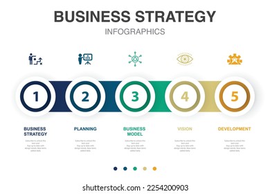 Business strategy, planning, business model, vision, development, icons Infographic design layout template. Creative presentation concept with 5 steps