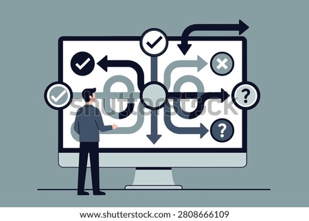 Business strategy planning showing a man analyzing different paths and decision trees on a giant monitor screen.