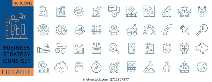 Conjunto de iconos sólidos de estrategia y planificación empresarial que incluyen liderazgo, análisis, misión, visión, hoja de ruta, establecimiento de objetivos, crecimiento, éxito, trabajo en equipo, gestión de proyectos y control de riesgos. Totalmente Editable.
