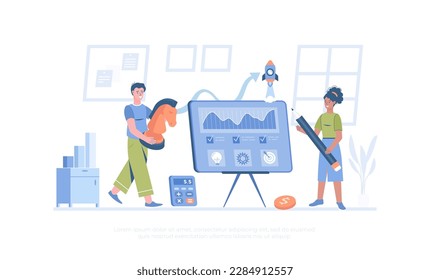 Business strategy and planning. Startup, goal, success, investment, money making. Cartoon modern flat vector illustration for banner, website design, landing page.	
