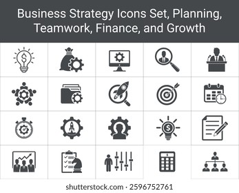 Business Strategy, Planning, Teamwork, Finance, Success, marketing, Silhouette Business Icons Set. Business icons depicting strategy, teamwork, finance, goal setting, planning