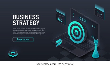 Business strategy poster. Chess pieces near laptop. Planning and goal setting, vision for future. Strategy and tactics. Landing webpage design. Cartoon isometric vector illustration