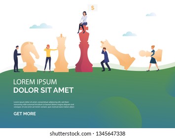 Business strategy presentation illustration. Businessman and businesswoman playing chess. Business strategy and planning concept. Vector illustration can be used for topics like business, competition